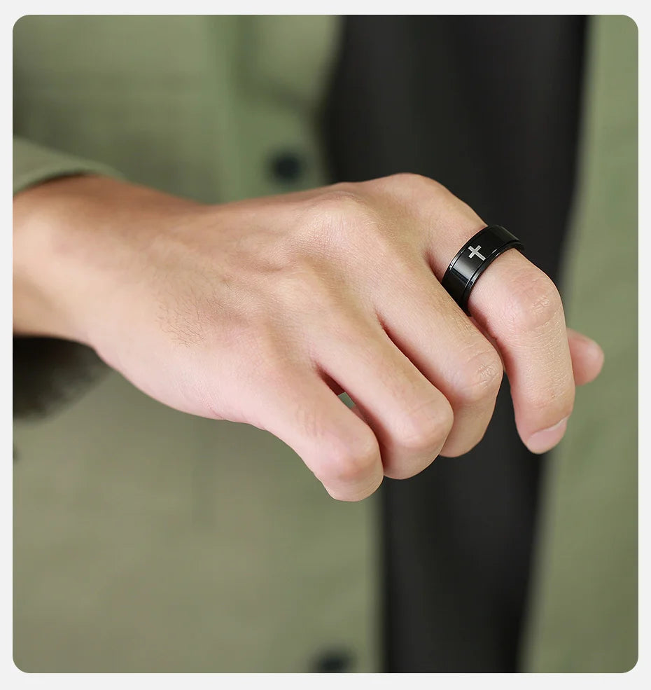 Vnox Spinner Kreuzring für Herren, schwarzer Edelstahl drehbarer Stressabbau-Fingerband, Jungen Christus Jesus Religion Ring