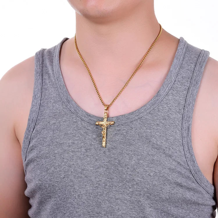Stainless Steel Titanium Cross Jesus Christ Human Pendant Hip Hop Collar Chain Necklace for Women Men Gift Fashion Jewel