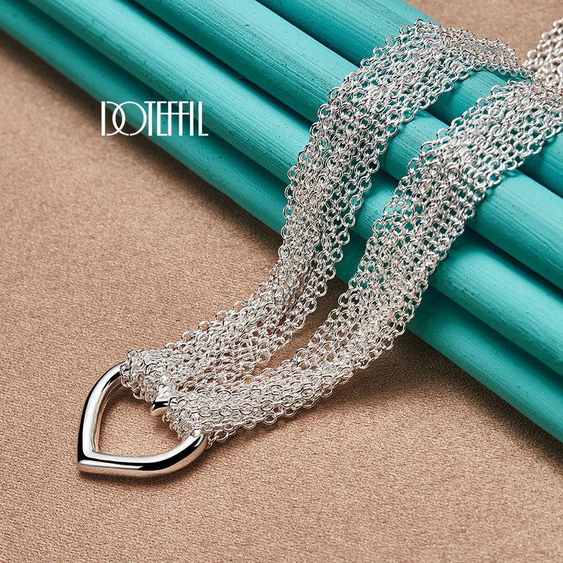 DOTEFFIL 925 Sterling Silver Multi-Line Chain Heart Necklace Bracelet Network Ring  For Women Wedding Engagement Party Jewelry