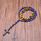 Tiger Eye Stone Bead & Hematite Cross Pendant Necklace for Men Women Catholic Christ Rosary Cross Pendant
