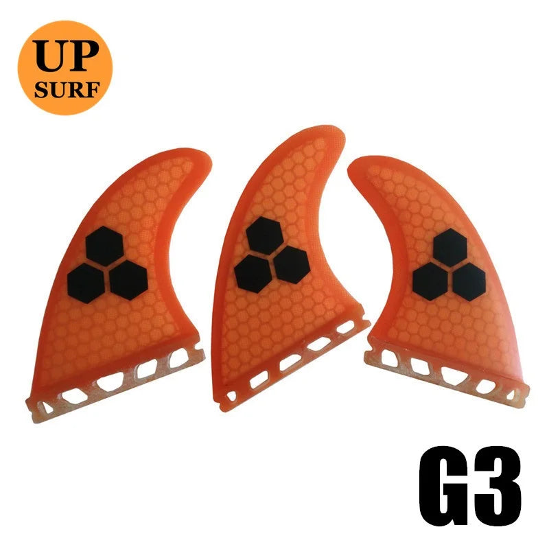 Surfbrett Flossen Set Tri Finnen UPSURF Future S/M/L Honeycomb Fiberglas Orange/Gelb/Blau/Grau/Grün mit schwarzem Logo Funboard Finnen