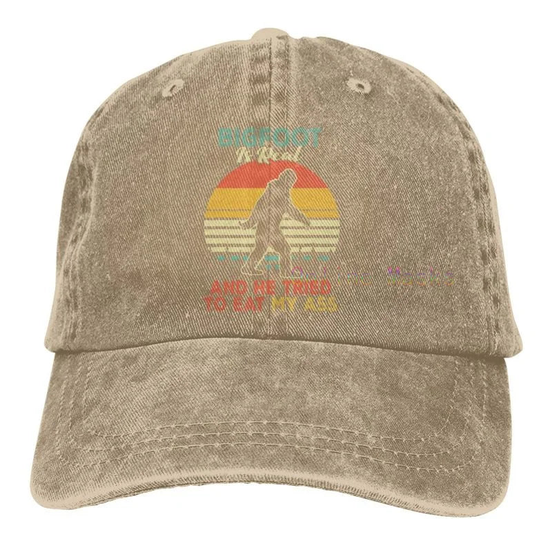 Bigfoot is Real and He Tried to Eat My Ass Baseball Cap Unisex Vintage Trucker Hat Adjustable Cowboy Hats for Mens Womens