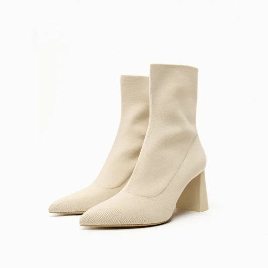 Herbst Winter Gestrickte Stretch-Stoff Sockenstiefel Damen Niedriger Absatz Kurze Stiefel Spitz Zehen Damen Stiefeletten Größe 42
