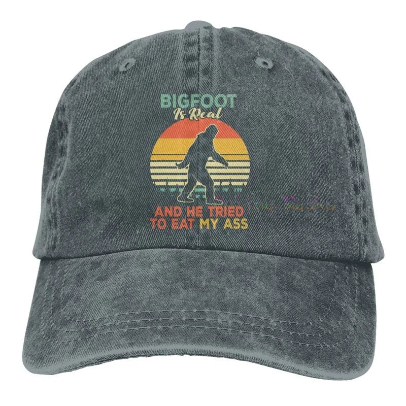 Bigfoot is Real and He Tried to Eat My Ass Baseball Cap Unisex Vintage Trucker Hat Adjustable Cowboy Hats for Mens Womens