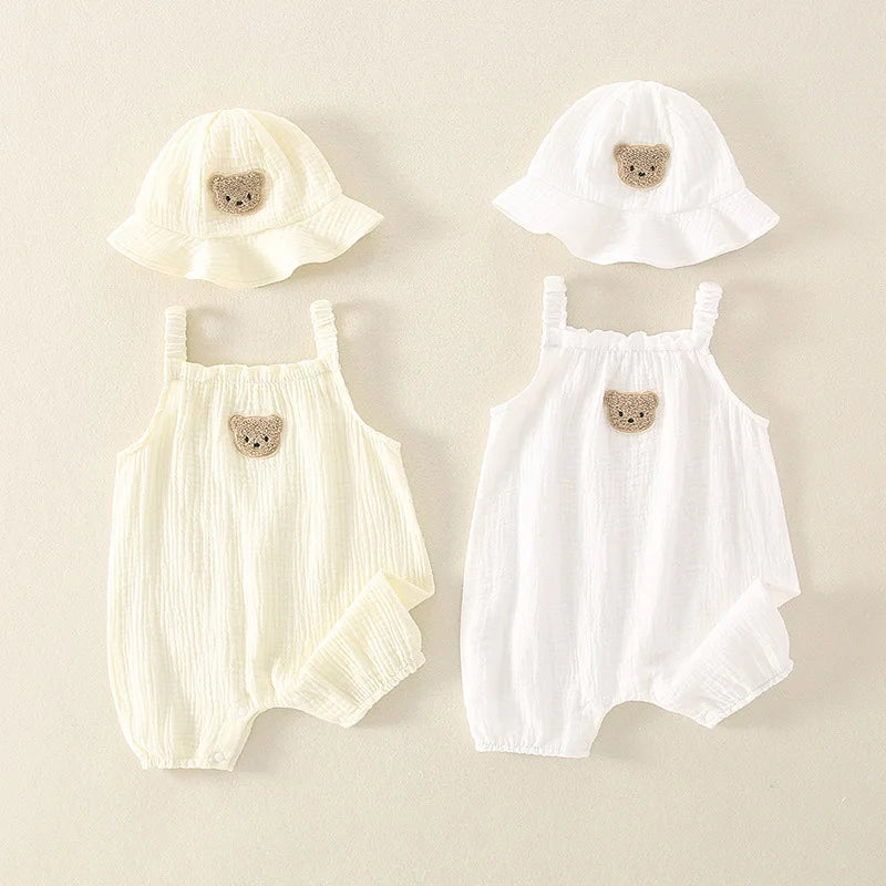 2PCS Summer Baby Clothes Set With Cap Toddler One Piece Cute Bear Sling Romper Fisherman Hat Infant Girl Boy Jumpsuit Outfit