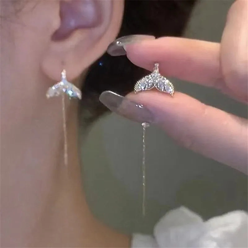 925 Silver Needle Tassel Chain Zircon Mermaid Tail Drop Earring For Women Hanging Party Jewelry Gifts eh1441