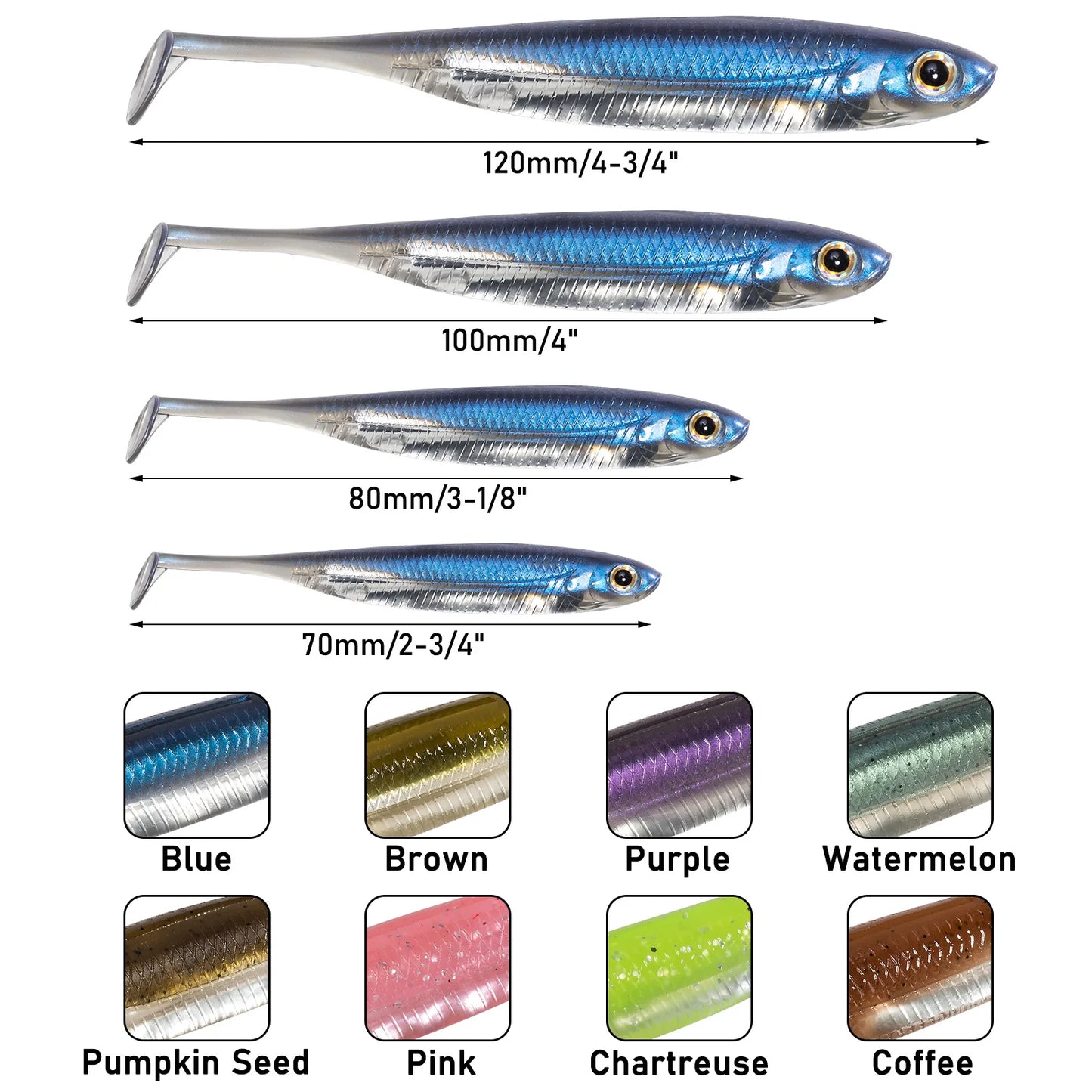 Dr.Fish 5/6 Stück Angelköder Weichplastik Silikonköder Paddelschwanz Shad Wurm Swimbait Süßwasser Barsch Forelle 70mm 80mm 100mm
