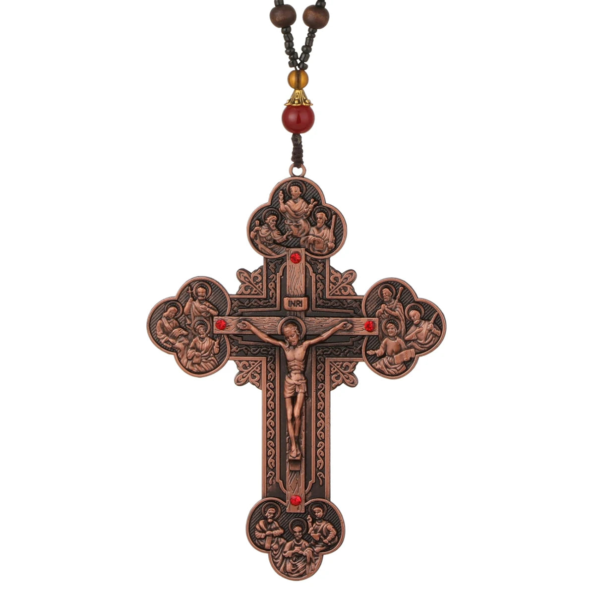 Diyalo Katholisches Metallkruzifix Jesus Christus Kreuz Anhänger Halskette Rosenkranz Holzkugeln Kette Halskette Damen Herren Schmuck Geschenk