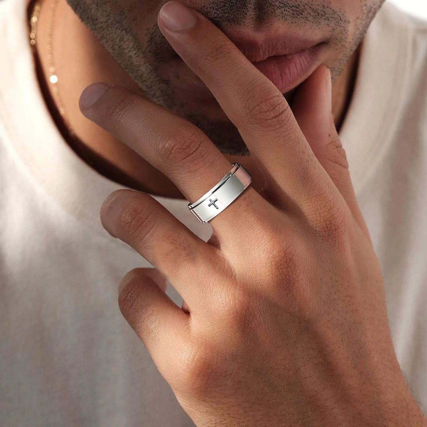 Vnox Spinner Kreuzring für Herren, schwarzer Edelstahl drehbarer Stressabbau-Fingerband, Jungen Christus Jesus Religion Ring