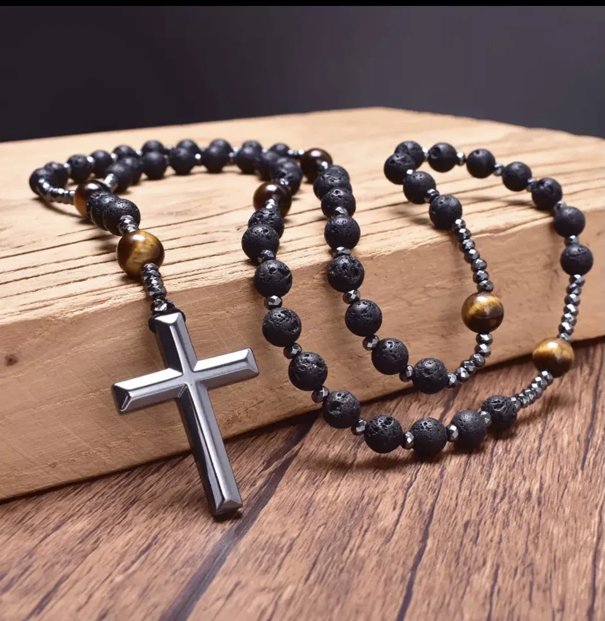 Tiger Eye Stone Bead & Hematite Cross Pendant Necklace for Men Women Catholic Christ Rosary Cross Pendant