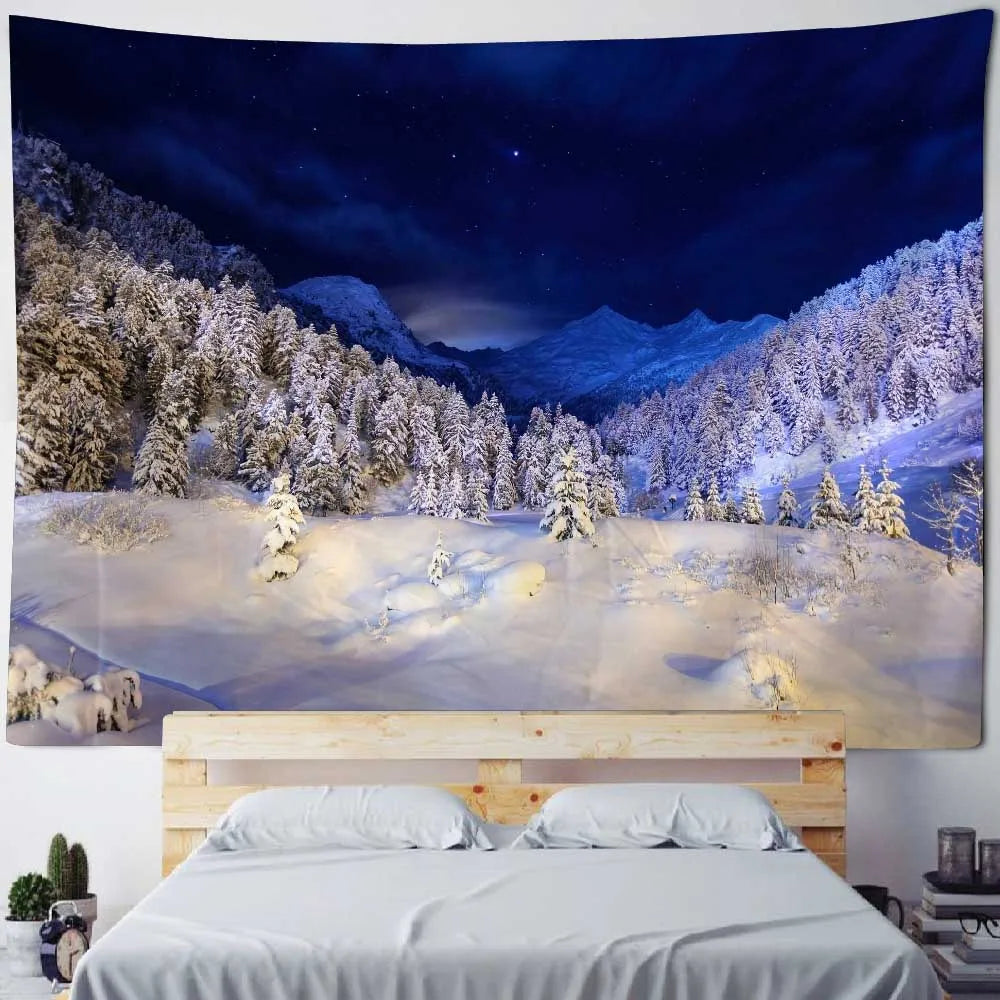 Christmas Tapestry Wall Hanging Winter Night Snowflake Elk Santa Claus Hanging Fireplace Blanket Gift Home Wall Decorations
