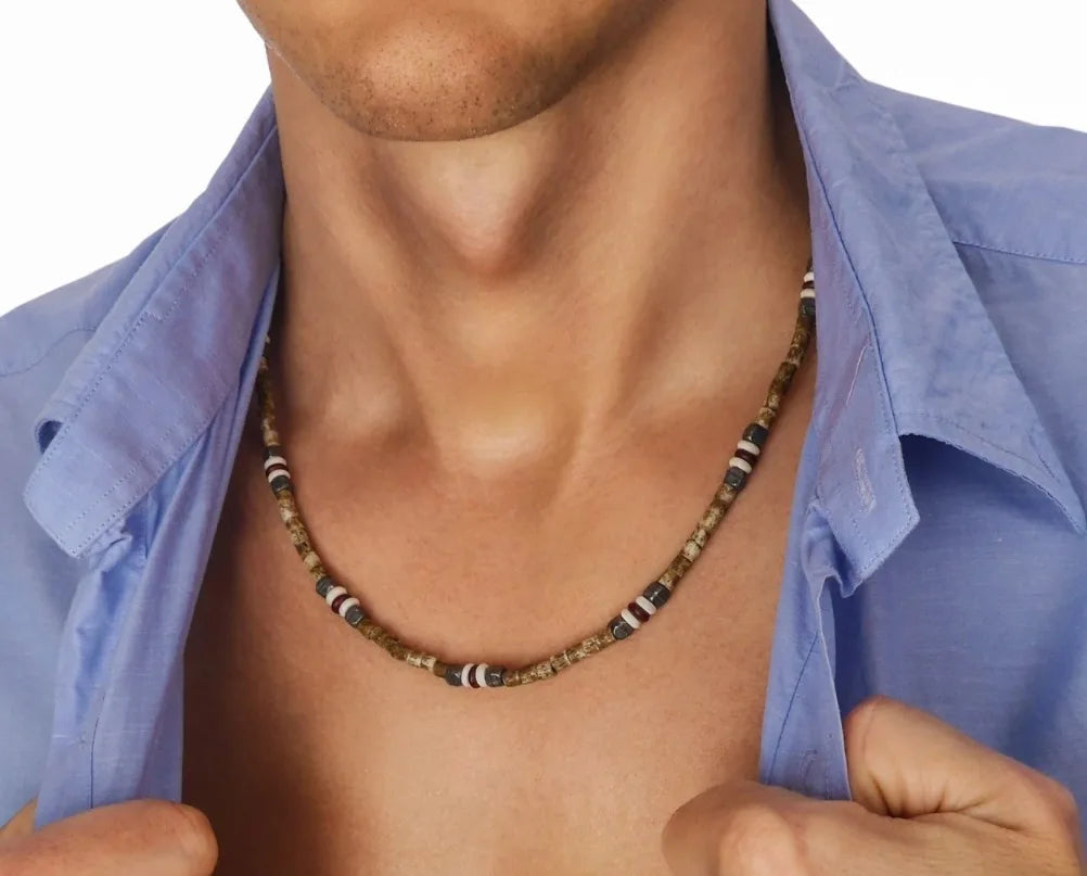Men's Necklace Natural Coconut Pearls, Heishi Pearls in White Natural Shell and Black Wood  Beaded Surfer Necklace