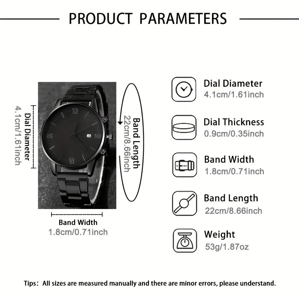 4tlg/Set, Herren schlichte Zeiger runde schwarze Kalender-Quarzuhr und schwarze Kreuz-Anhänger Halskette, Ring, Armband, Geschenk für Ihn