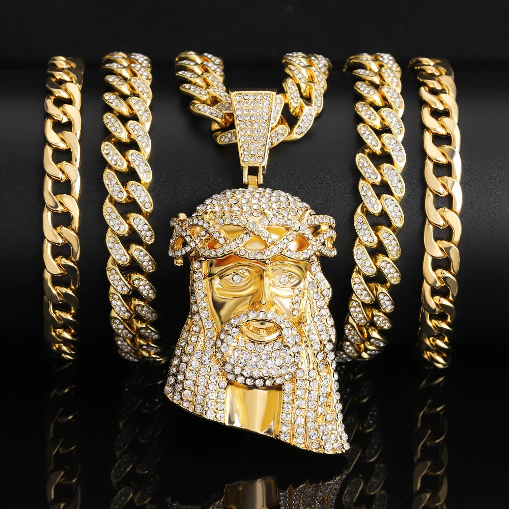 Iced Out Jesus Christus Kopf Anhänger Strass Halskette mit 13mm Miami Cuban Gliederkette Hip Hop Stil für Herren Damen Geschenk