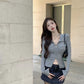 Damen T-Shirt Frühling Herbst Kleidung Gerippter Strick Langarm Kurze Oberteile Reißverschluss Design T-Shirt Sexy Weibliche Schmale Oberteile