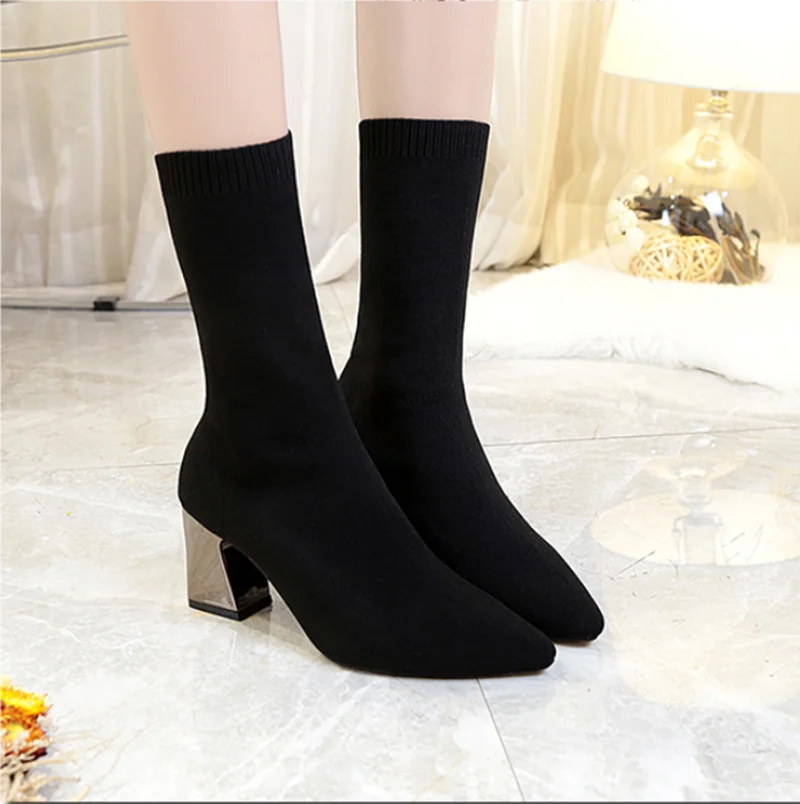 Autumn winter elastic fabric ankle boots women's shoes pointed thick heel stretch boots knitted stockings sizes 34-43