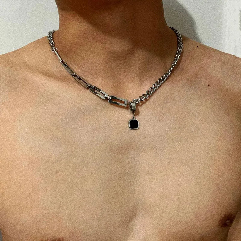 Edelstahl Cuban Gliederkette Halskette für Herren Schwarz Quadrat Anhänger Halskette Herren Halsketten Coole Hip Hop Halskette Neu