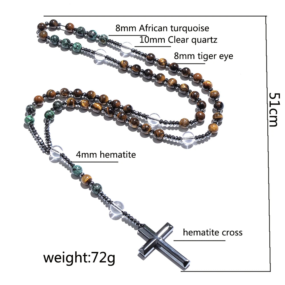 8mm Natursteinperlen Hämatit Kreuzanhänger für Herren Damen Katholische Christus Rosenkranz Kreuzanhänger Halskette Dropshipping
