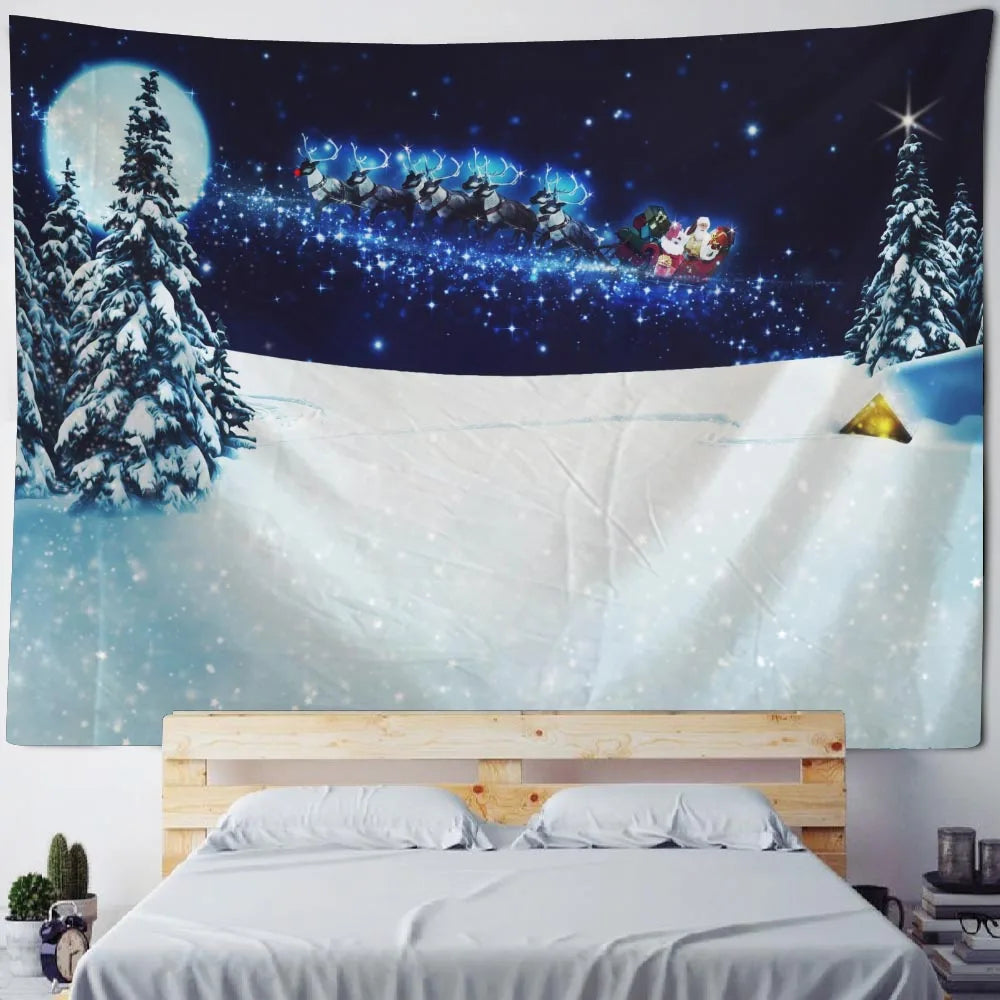 Christmas Tapestry Wall Hanging Winter Night Snowflake Elk Santa Claus Hanging Fireplace Blanket Gift Home Wall Decorations