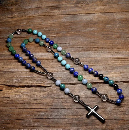 Tiger Eye Stone Bead & Hematite Cross Pendant Necklace for Men Women Catholic Christ Rosary Cross Pendant