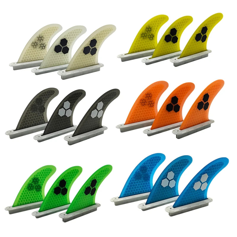 Surfbrett Flossen Set Tri Finnen UPSURF Future S/M/L Honeycomb Fiberglas Orange/Gelb/Blau/Grau/Grün mit schwarzem Logo Funboard Finnen