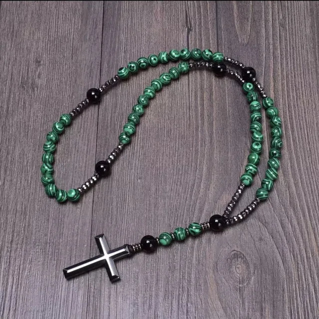 Tiger Eye Stone Bead & Hematite Cross Pendant Necklace for Men Women Catholic Christ Rosary Cross Pendant