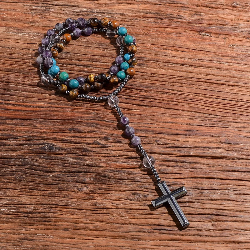 8mm Natursteinperlen Hämatit Kreuzanhänger für Herren Damen Katholische Christus Rosenkranz Kreuzanhänger Halskette Dropshipping