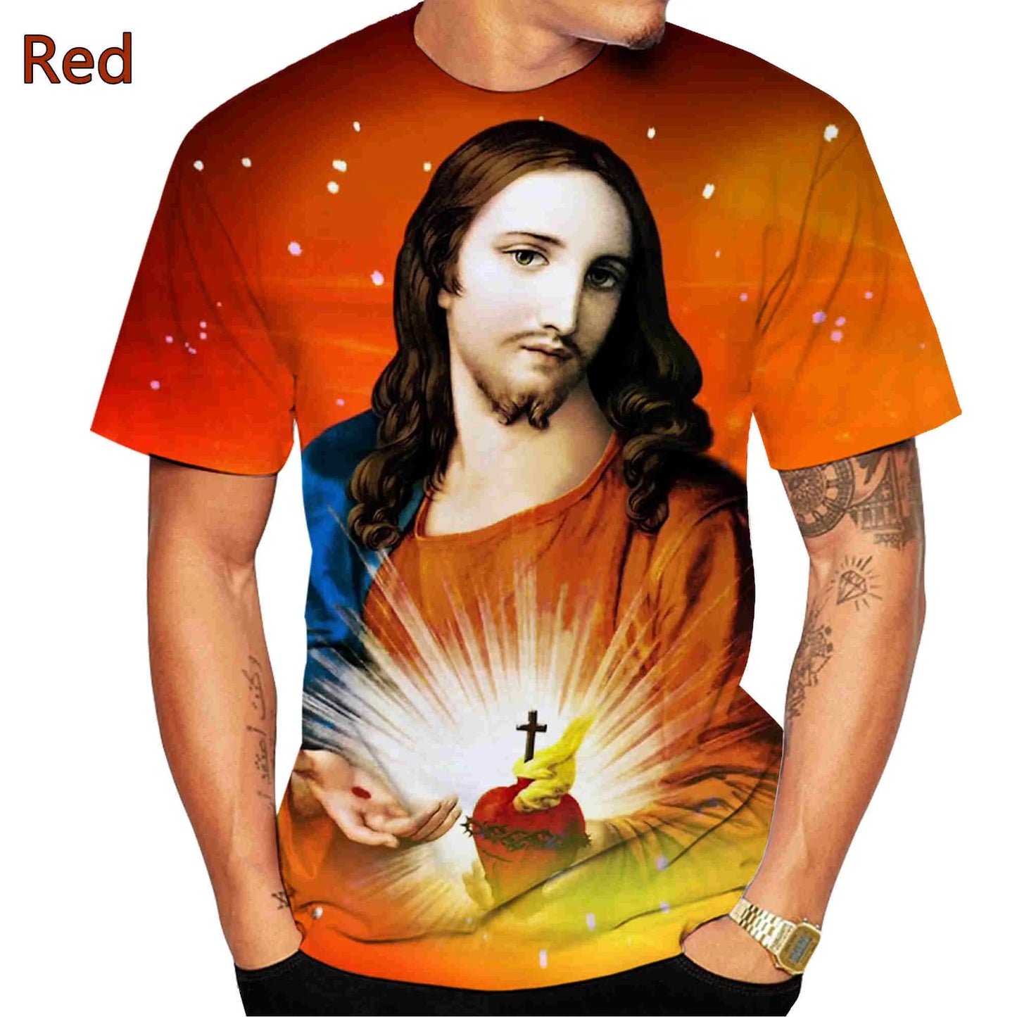God! About Jesus Love Everone Christian Men's Round Neck Casual Short Sleeve T-Shirt, Cross Jesus Pattern Printed T-Shirt Top