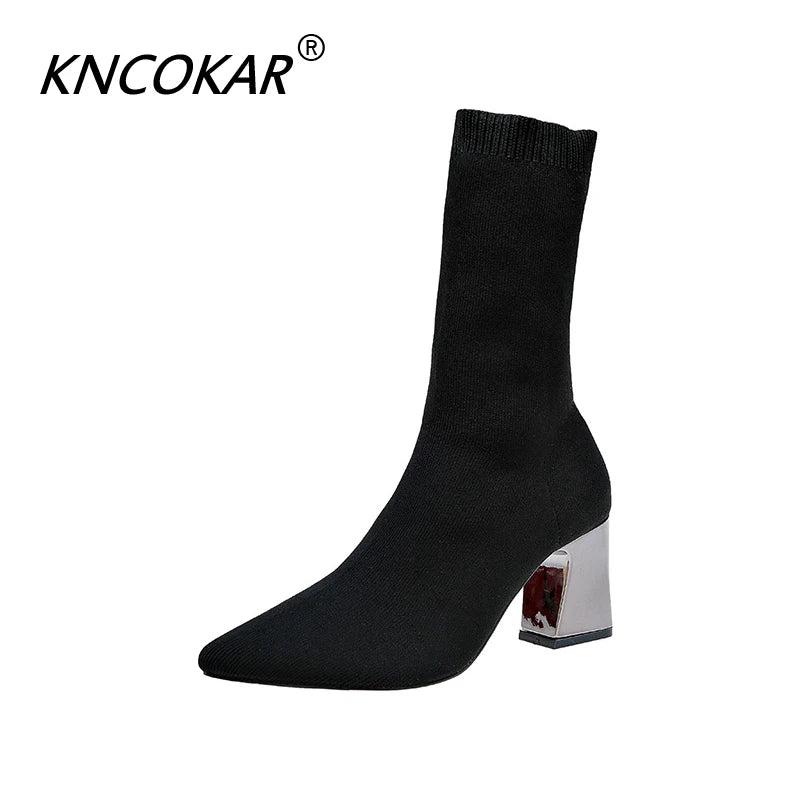 Autumn winter elastic fabric ankle boots women's shoes pointed thick heel stretch boots knitted stockings sizes 34-43