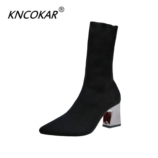 Herbst Winter elastischer Stoff Stiefeletten Damenschuhe spitze, dicke Absatz-Stretchstiefel Strickstrümpfe Größen 34-43