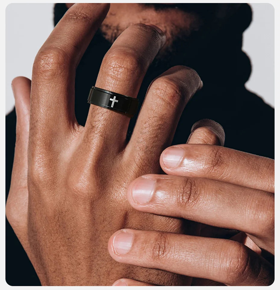 Vnox Spinner Kreuzring für Herren, schwarzer Edelstahl drehbarer Stressabbau-Fingerband, Jungen Christus Jesus Religion Ring
