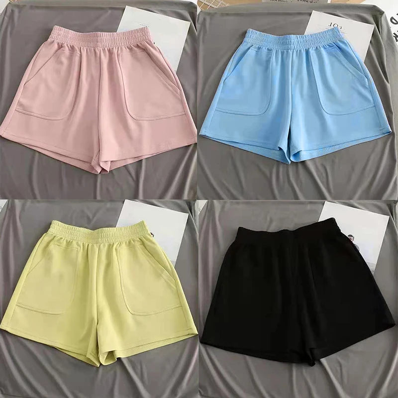 Lässige Damen-Shorts mit hoher Taille, kurze Sporthosen für den Sommer mit Tasche, lose Unterteile für Zuhause, Mädchen-Homewear, weite Sweathose
