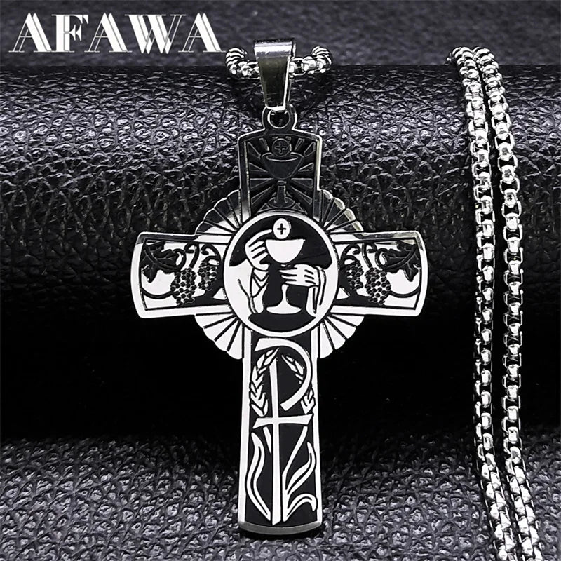 Christian Christus Eucharistie Heiligenschein Traubensaft Kreuz Kette Edelstahl Männer Frauen Katholische Heiliger Geist Kirche Halskette Schmuck