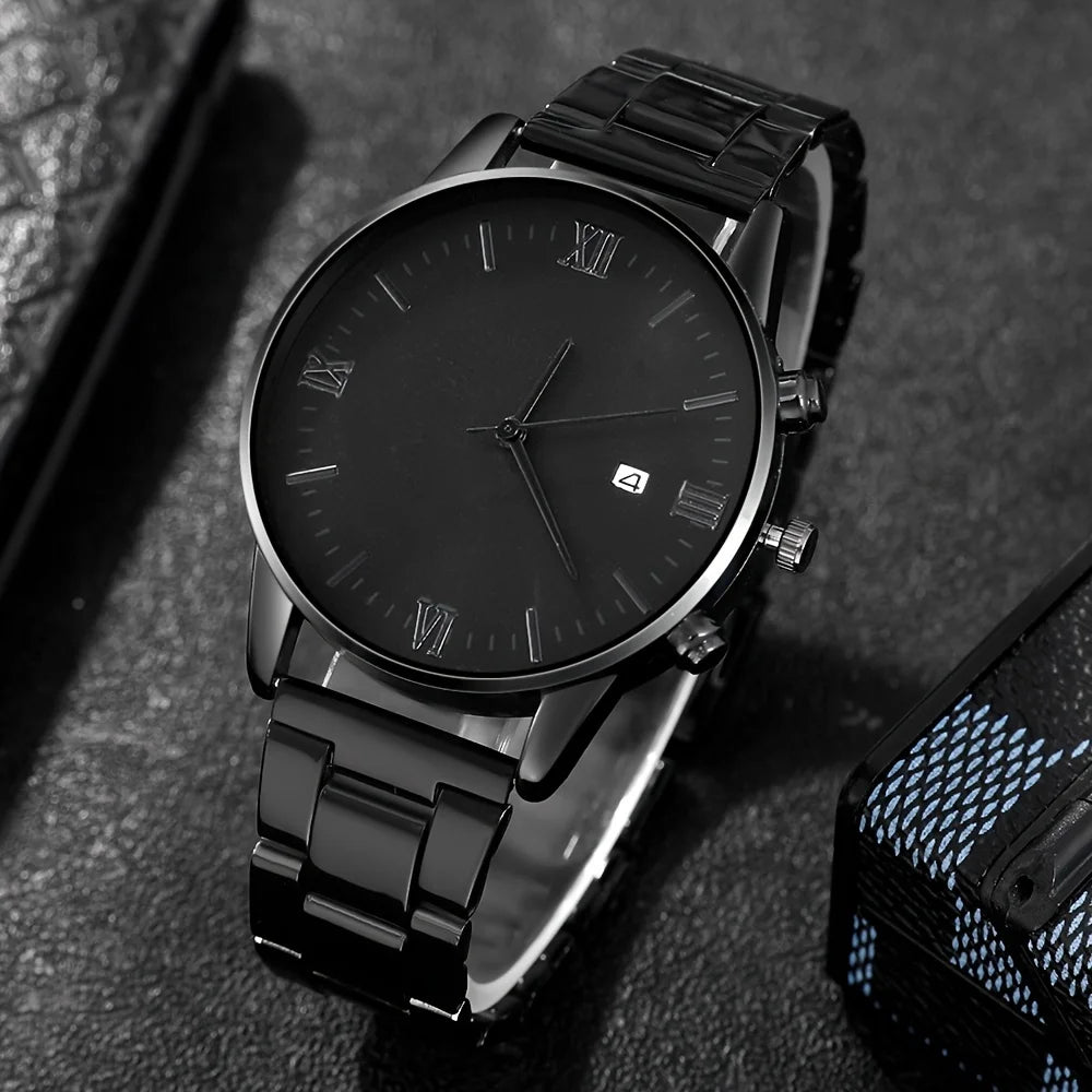 4tlg/Set, Herren schlichte Zeiger runde schwarze Kalender-Quarzuhr und schwarze Kreuz-Anhänger Halskette, Ring, Armband, Geschenk für Ihn