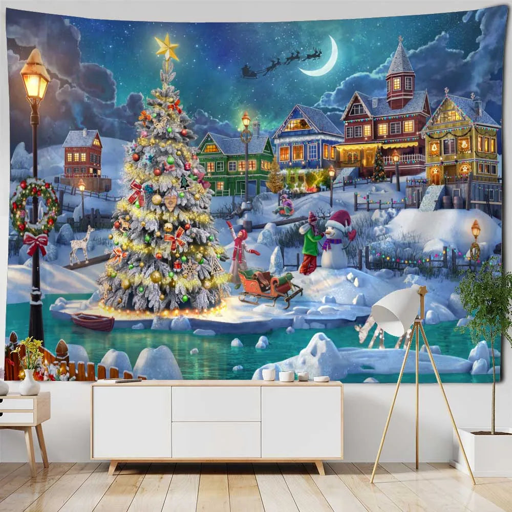 Christmas Tapestry Wall Hanging Winter Night Snowflake Elk Santa Claus Hanging Fireplace Blanket Gift Home Wall Decorations