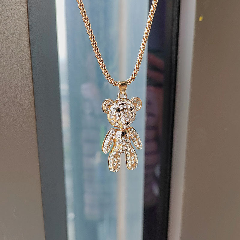 Niedliche Bären-Anhänger-Halskette für Damen, modische Persönlichkeit, Hip-Hop-Kette, glänzender Zirkon-Bär, Hoodie-Accessoires, Trend-Party-Schmuck