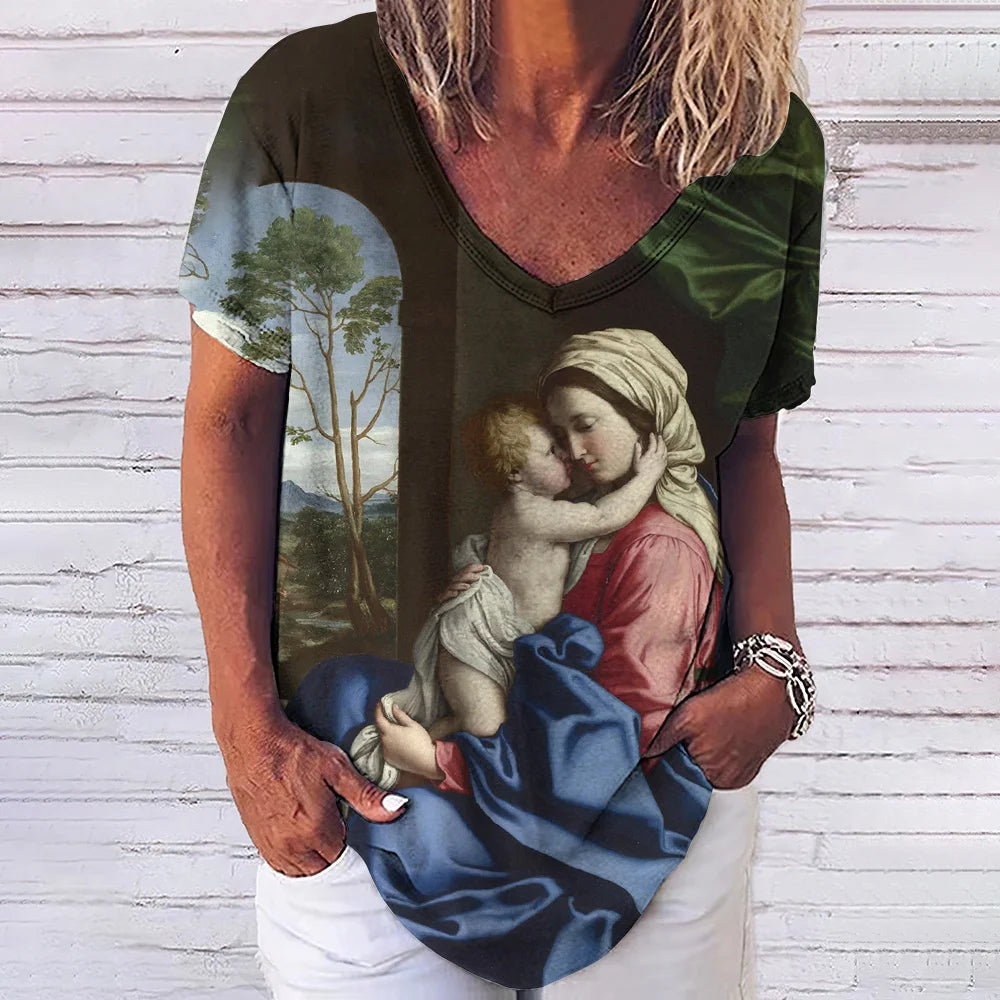 3D Printed T Shirts for Women Summer V-Neck Short Sleeved Tee Vintage Jesus Christ Women's T-Shirt Casual Streetwear Top Shirt