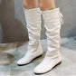 Shoes For Women  Knee High Boots Red Black White Tall Boots Woman Pleated Low Heel Casual Leather Female Long Shoes