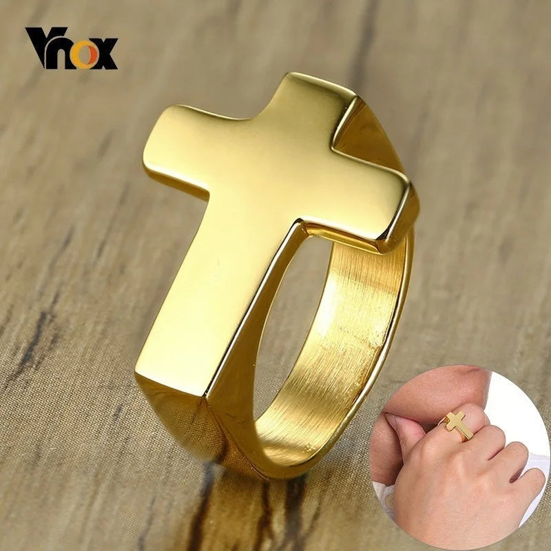 Vnox Einzigartiger Kreuz-Flachring für Herren, glänzender Edelstahl Christus Jesus Gebet Glaube Anel Bruderschaftsringe