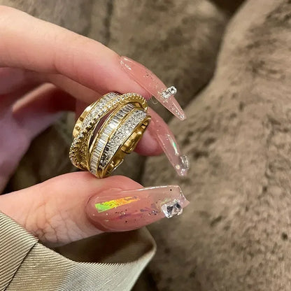 2024 Silberfarbener Strass-Ring Mehrlagige Wickelringe für Damen Hochzeit Vollzirkon-Fingerringe Mode Schmuck Geschenke
