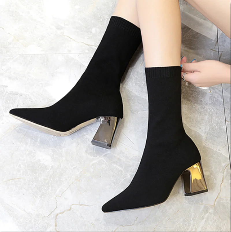 Autumn winter elastic fabric ankle boots women's shoes pointed thick heel stretch boots knitted stockings sizes 34-43