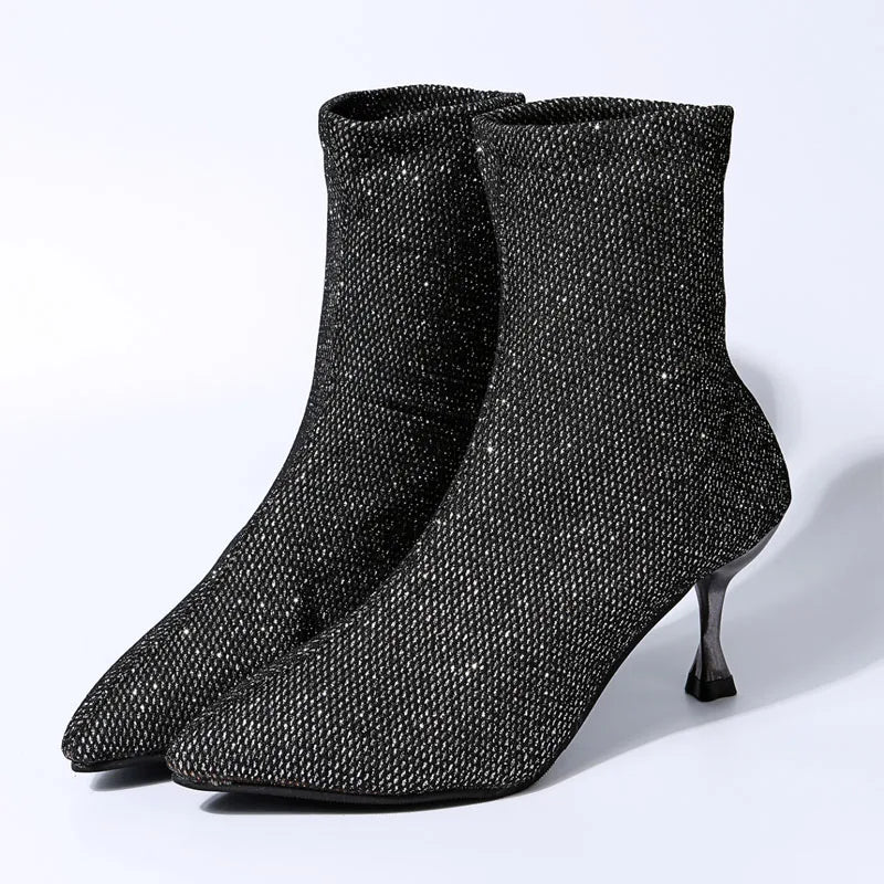 Herbstmode Damenstiefeletten Eleganter spitzer Zeh Stiletto-Booties High Heels Luxus Paillettenstoff Slip-on Stiefeletten Damenschuhe