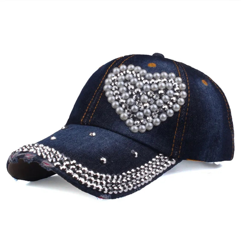 WJ7621 Damen Denimstoff Künstliche Steine Bling Bling Rot I Love Heart Jesus Baumwoll-Baseballkappen Anpassen