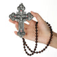 Diyalo Katholisches Metallkruzifix Jesus Christus Kreuz Anhänger Halskette Rosenkranz Holzkugeln Kette Halskette Damen Herren Schmuck Geschenk