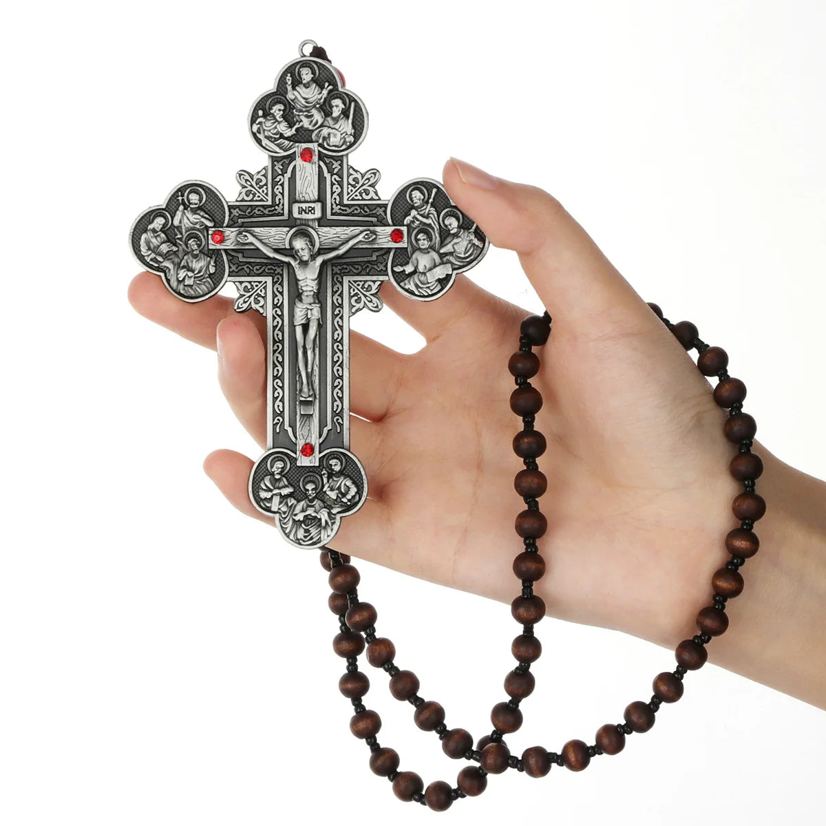Diyalo Katholisches Metallkruzifix Jesus Christus Kreuz Anhänger Halskette Rosenkranz Holzkugeln Kette Halskette Damen Herren Schmuck Geschenk