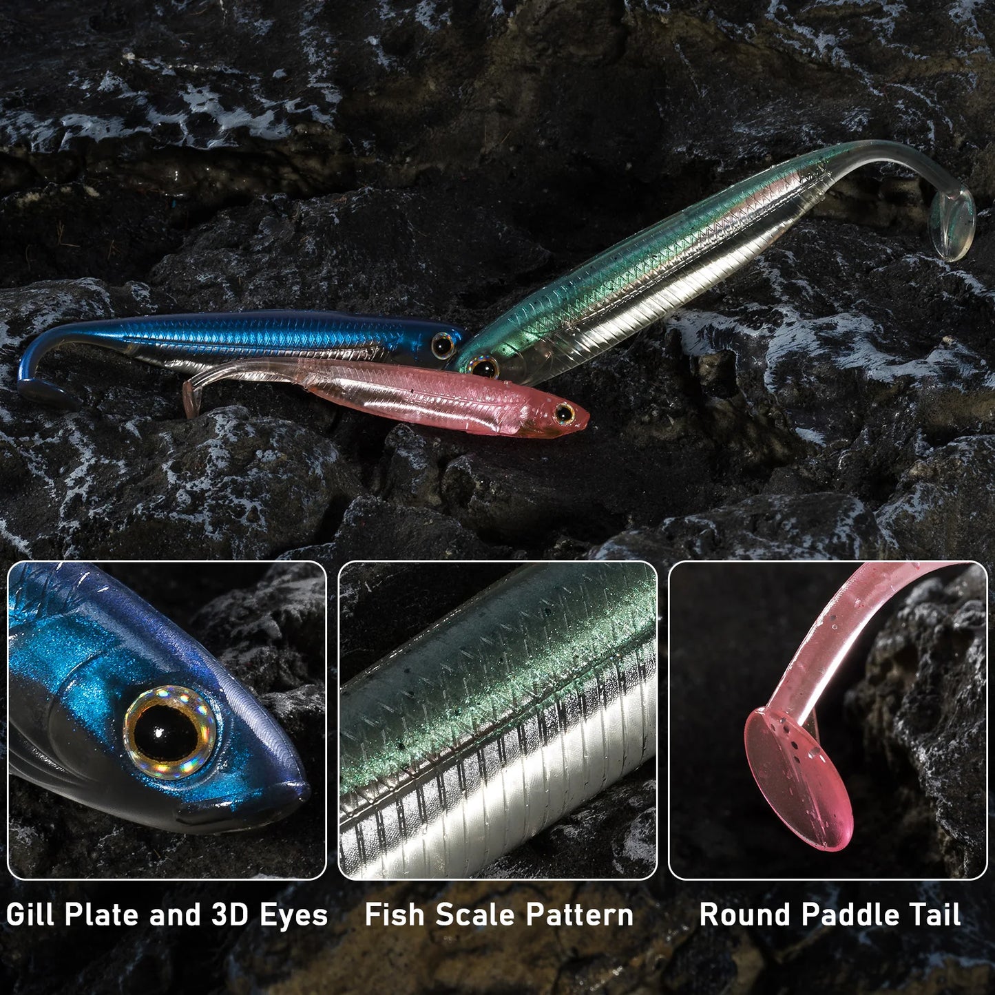 Dr.Fish 5/6 Stück Angelköder Weichplastik Silikonköder Paddelschwanz Shad Wurm Swimbait Süßwasser Barsch Forelle 70mm 80mm 100mm