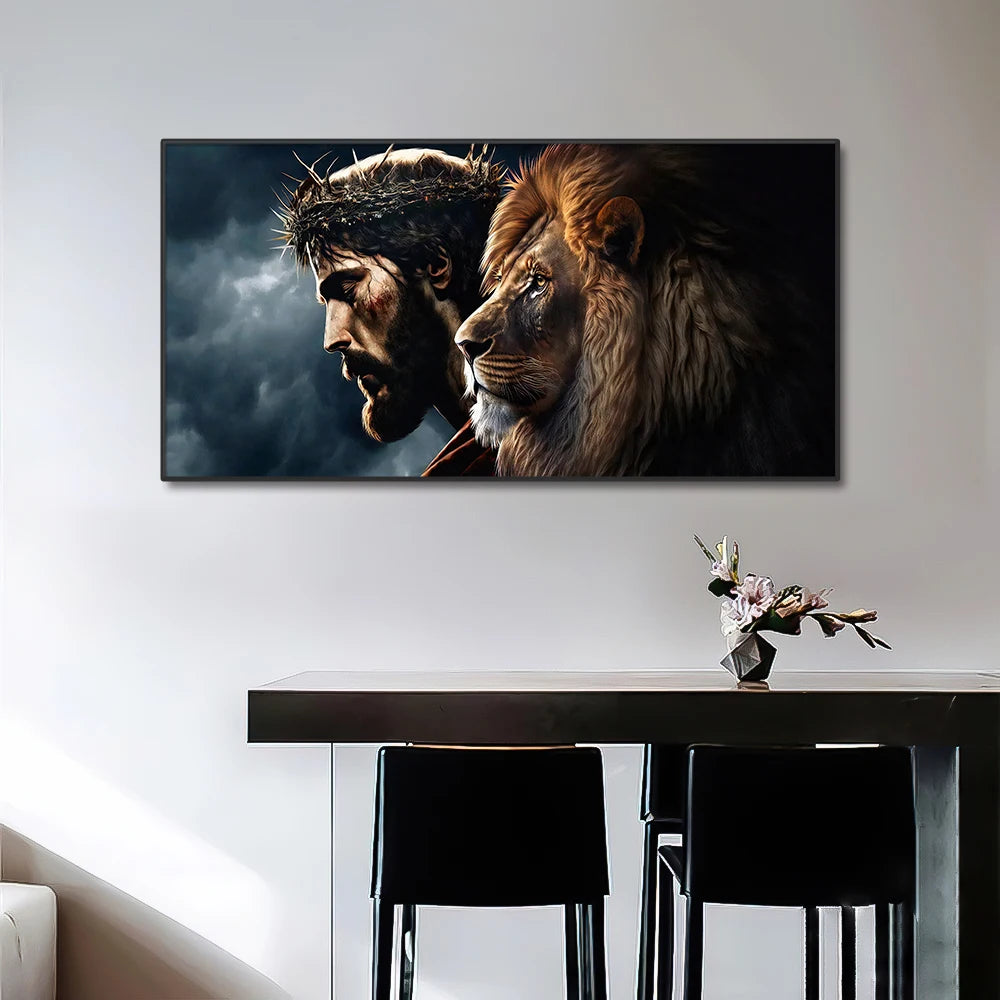 Gott Jesus Christus und Löwengesicht Wandkunst Poster Drucke Abstrakte Leinwandbilder Tierbilder für die moderne Wohnzimmerdekoration