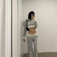 Damen Koreanische Y2k Gyaru Outfits 2-teiliges Set Patchwork Langarm Cropped Hoodie + Lange Freizeithose mit Gummizug im Baggy-Stil