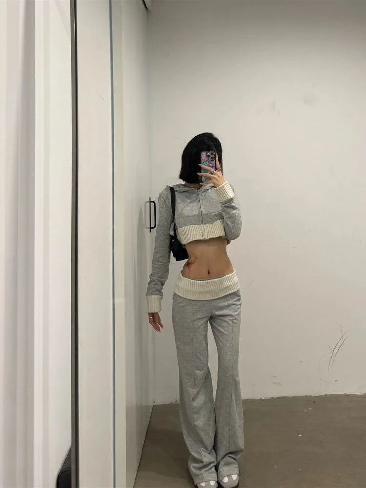 Damen Koreanische Y2k Gyaru Outfits 2-teiliges Set Patchwork Langarm Cropped Hoodie + Lange Freizeithose mit Gummizug im Baggy-Stil