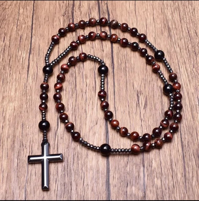 Tiger Eye Stone Bead & Hematite Cross Pendant Necklace for Men Women Catholic Christ Rosary Cross Pendant